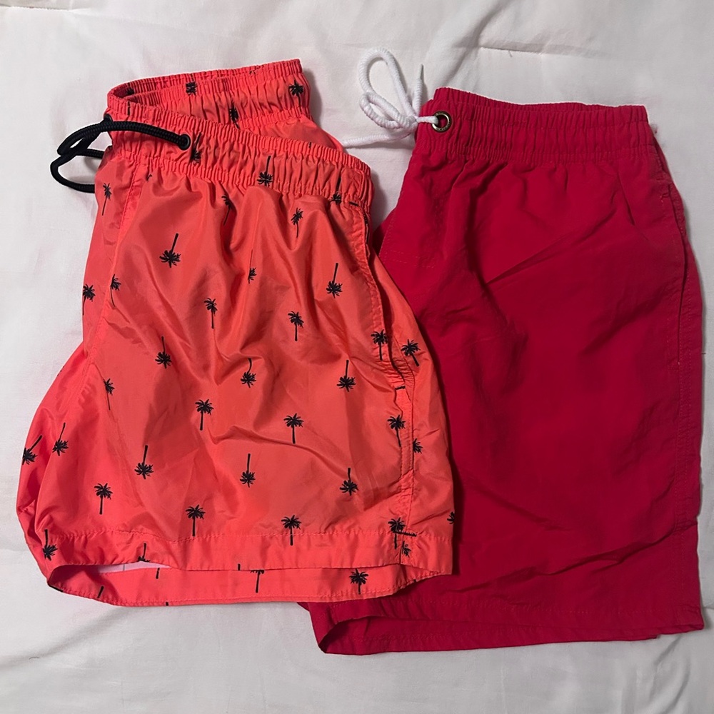 Set of Two Swim Shorts - Palm Print and Solid Red